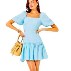 Lilly Pulitzer Kylanne Blue Linen Dress Puff Sleeve Size 12 Summer Resort